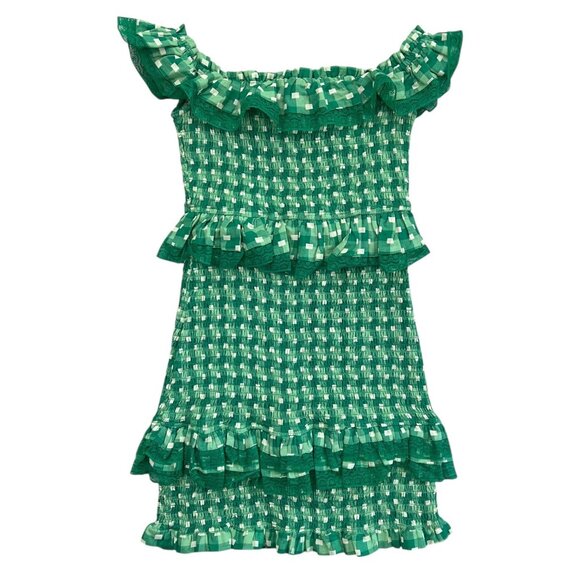 Tularosa Teri Gingham Plaid Smocked Bodycon Mini Dress Green Small Ruffle Peplum - Picture 1 of 9